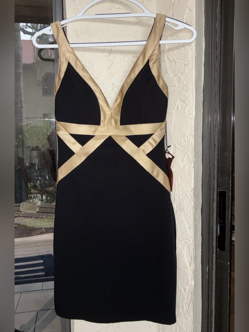 Haute Monde Black Dress with Gold Trim V-Neck
